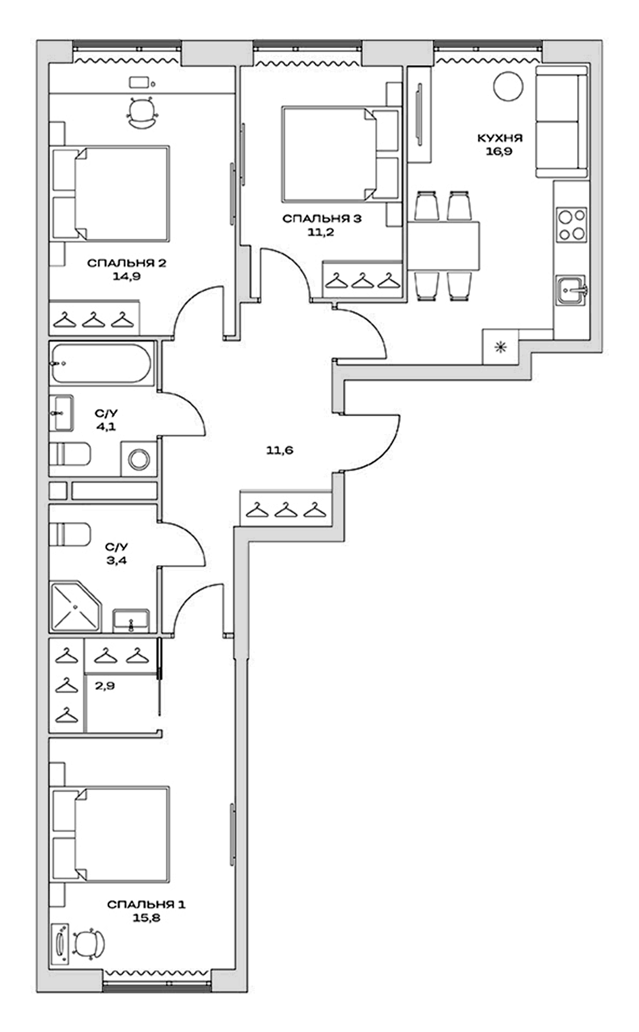 Планировка — Детали, 3-комн., 81 м²