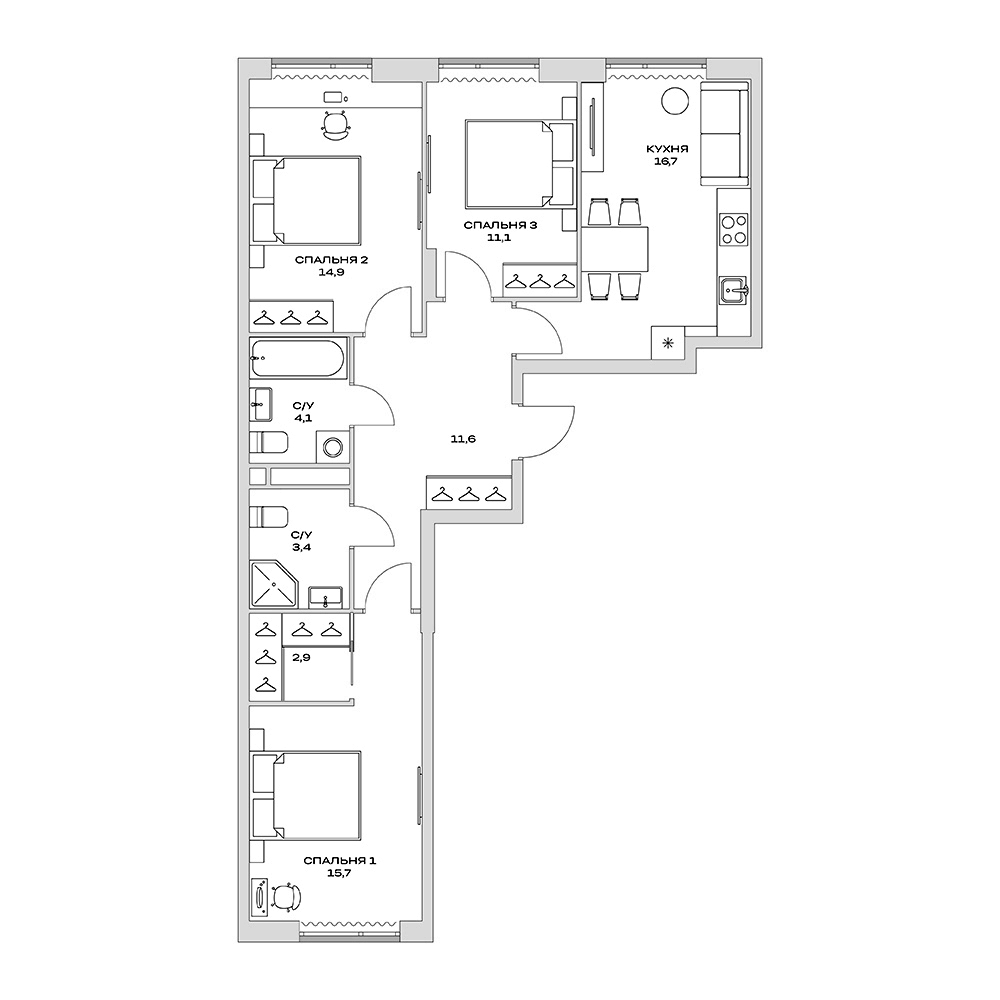 Планировка — Детали, 3-комн., 80 м²