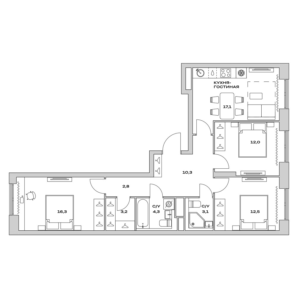 Планировка — Детали, 4-комн., 82 м²
