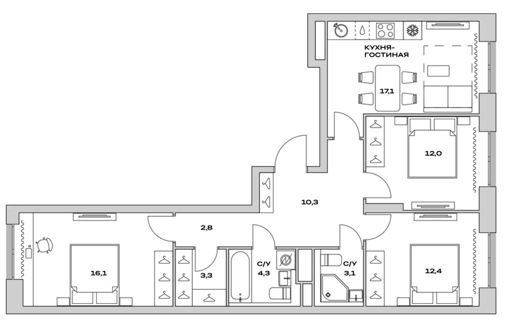 Планировка — Детали, 4-комн., 81 м²