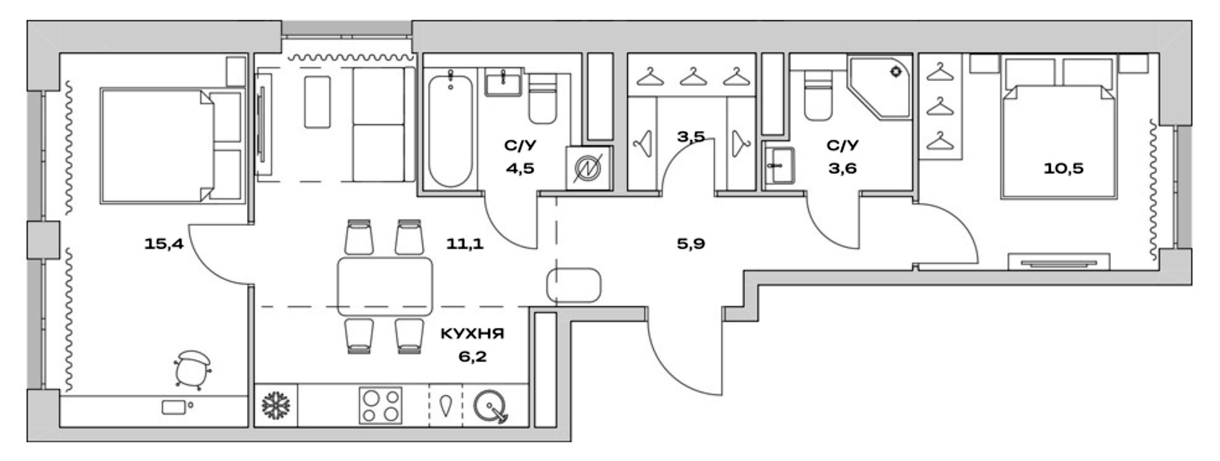 Планировка — Детали, 3-комн., 61 м²