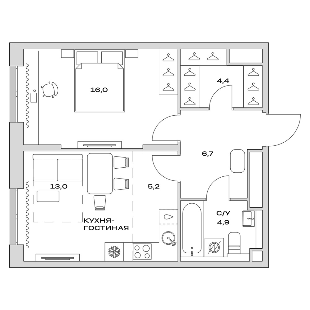 Планировка — Детали, 2-комн., 50 м²
