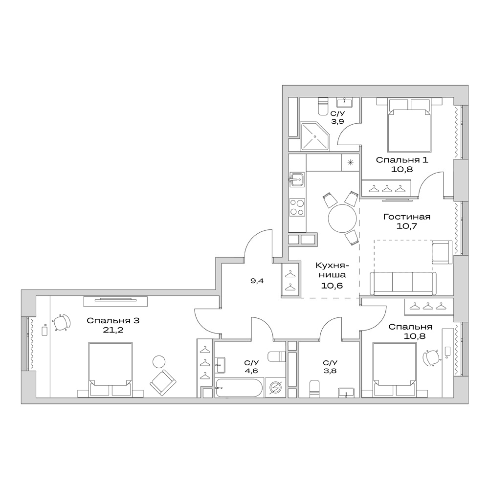 Планировка — Детали, 4-комн., 86 м²