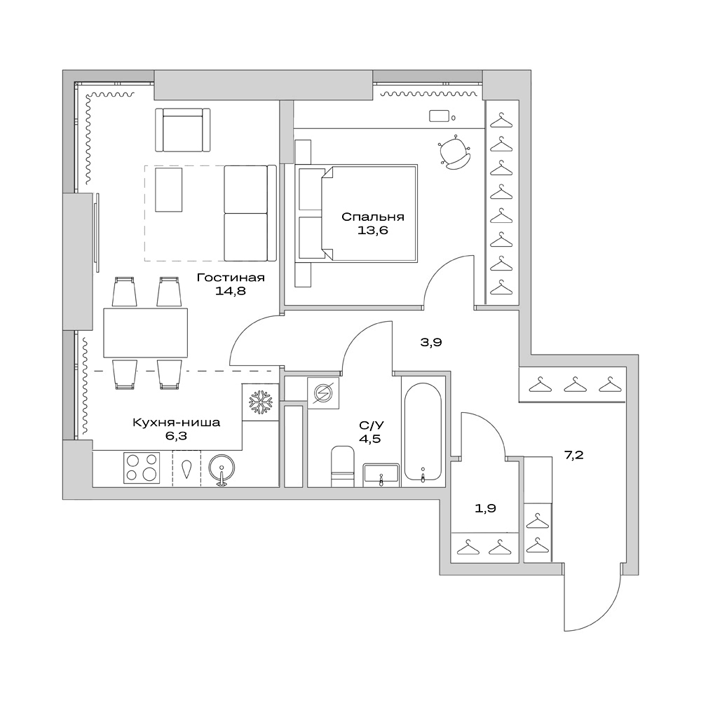Планировка — Детали, 2-комн., 52 м²