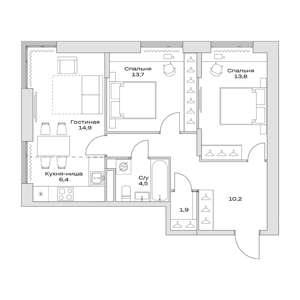 Планировка — Детали, 3-комн., 70 м²