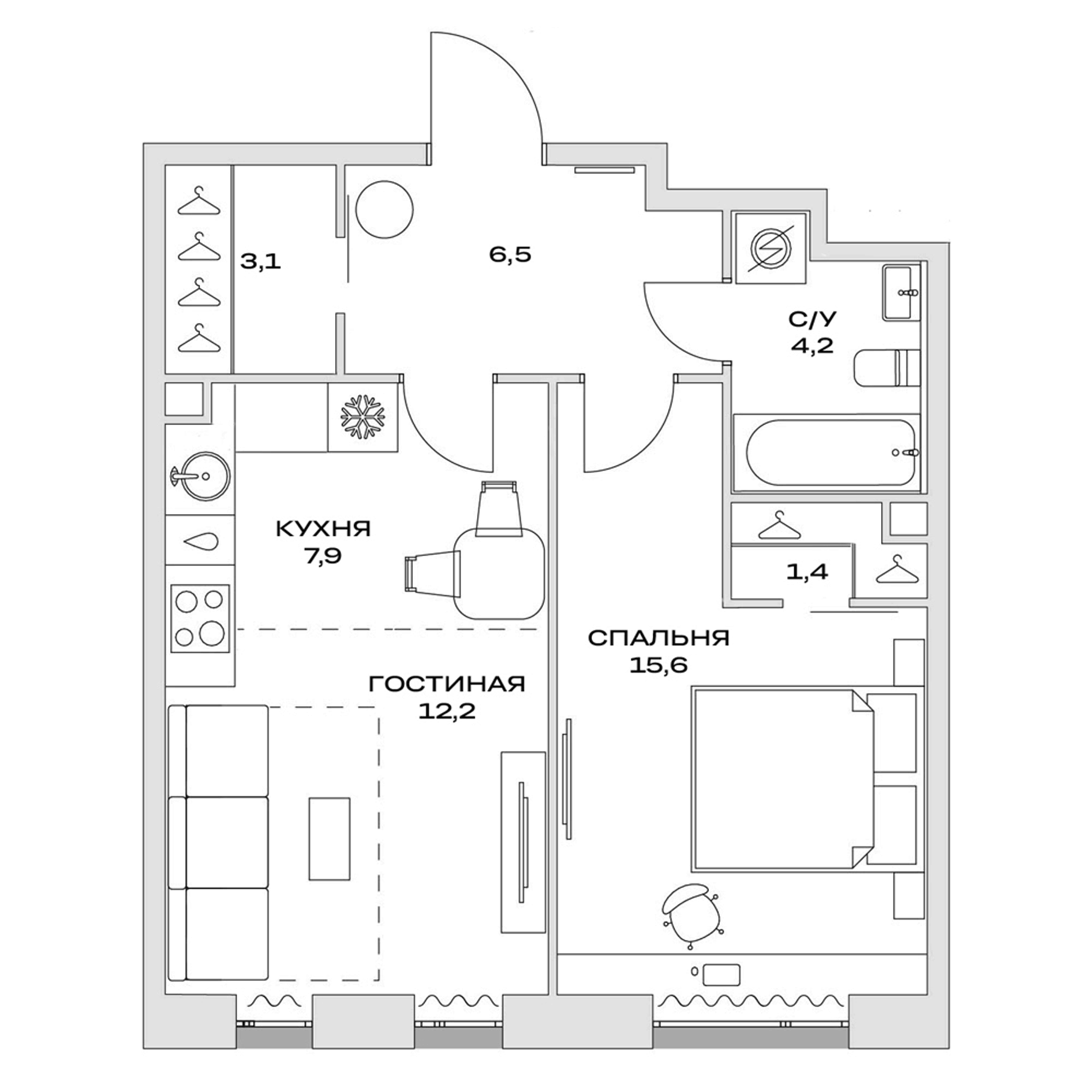 Планировка — Детали, 2-комн., 51 м²
