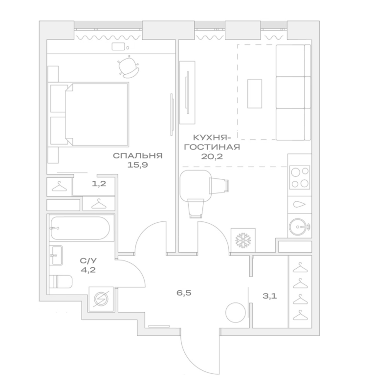 Планировка — Детали, 2-комн., 51 м²