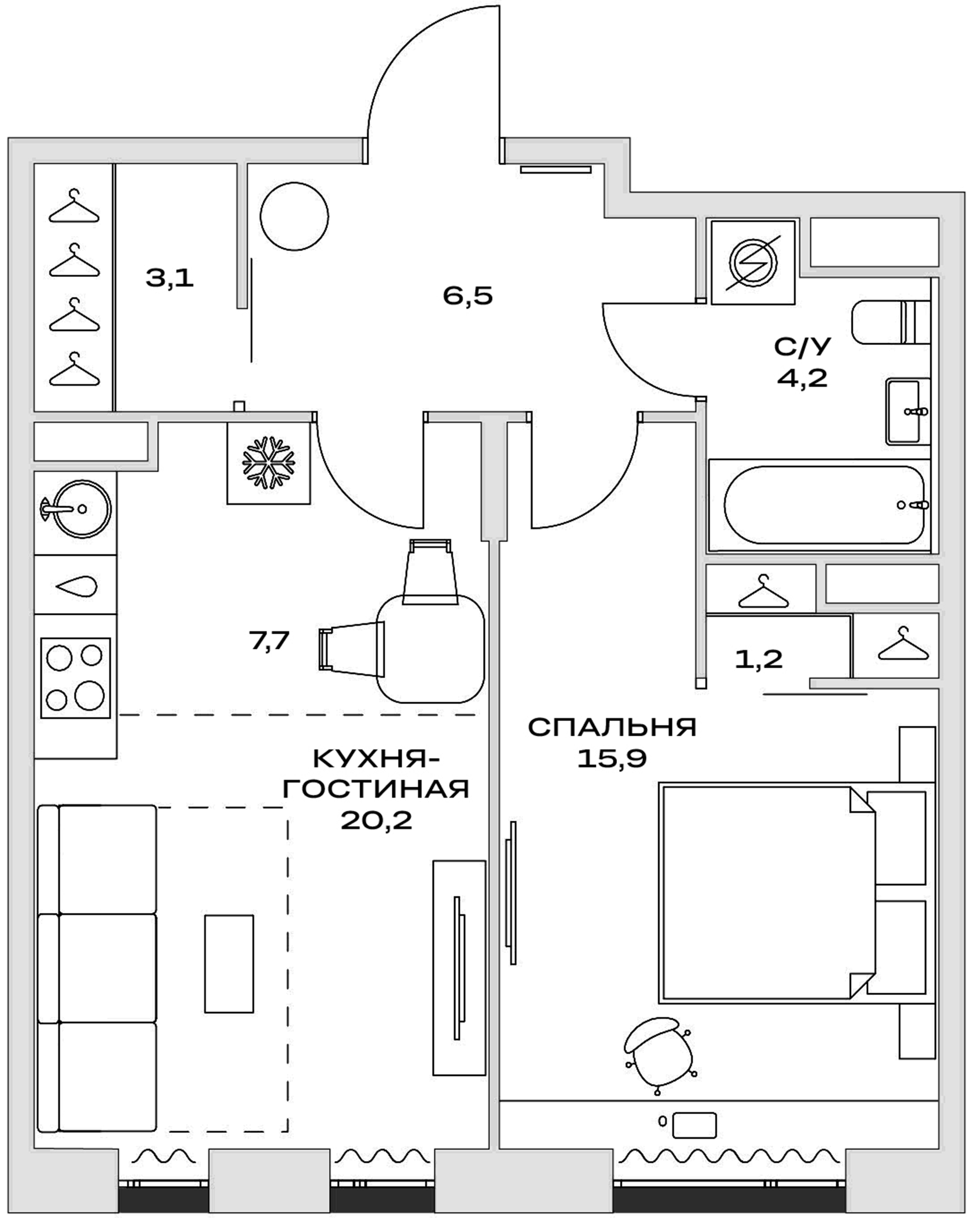 Планировка — Детали, 2-комн., 51 м²