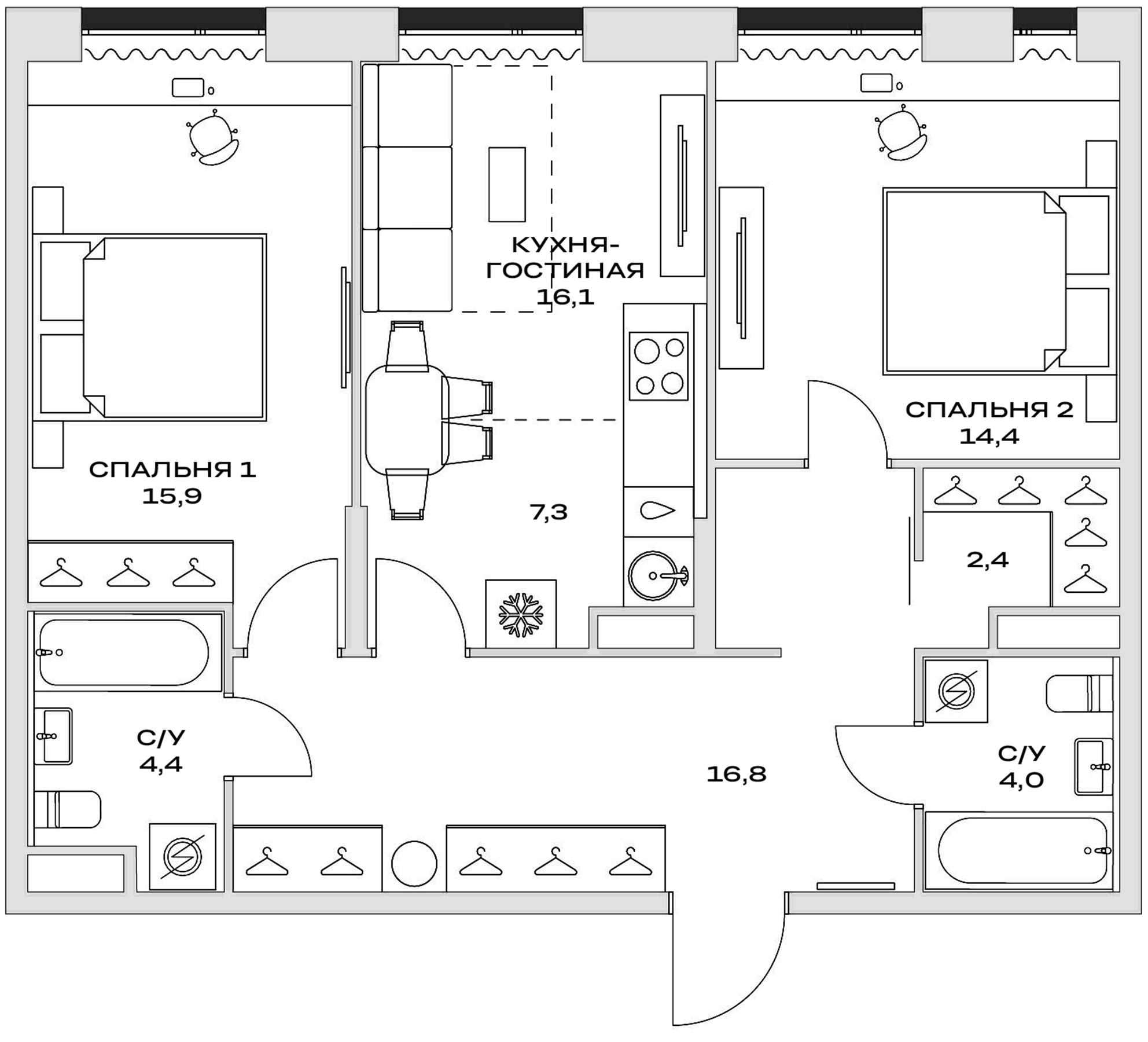 Планировка — Детали, 3-комн., 75 м²