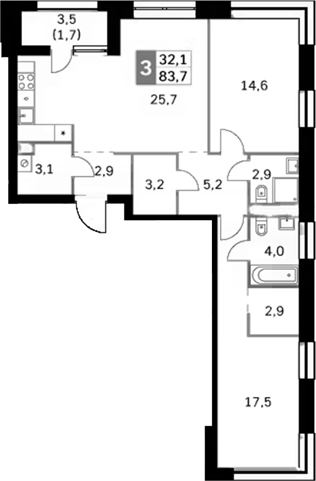 Планировка — Sky Garden, 3-комн., 82 м²