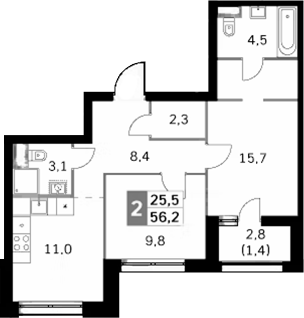 Планировка — Sky Garden, 2-комн., 55 м²