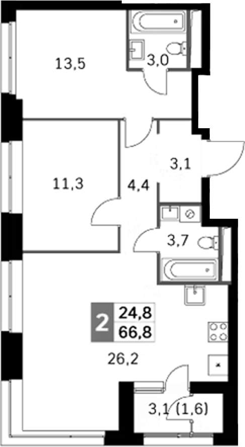 Планировка — Sky Garden, 3-комн., 65 м²