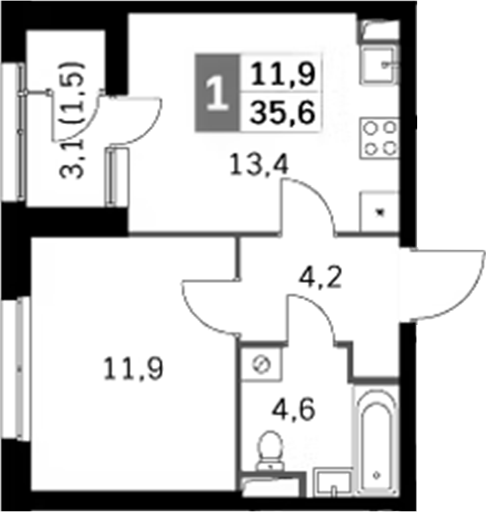 Планировка — Sky Garden, 1-комн., 34 м²