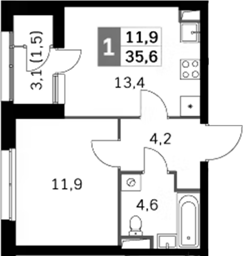 Планировка — Sky Garden, 1-комн., 34 м²