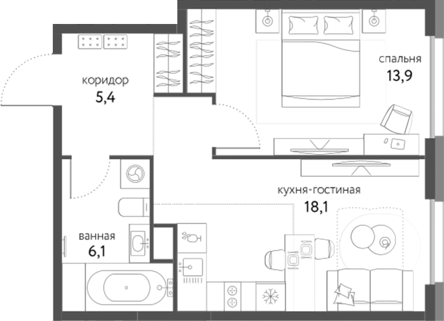 Планировка — Сиреневый парк, 2-комн., 44 м²