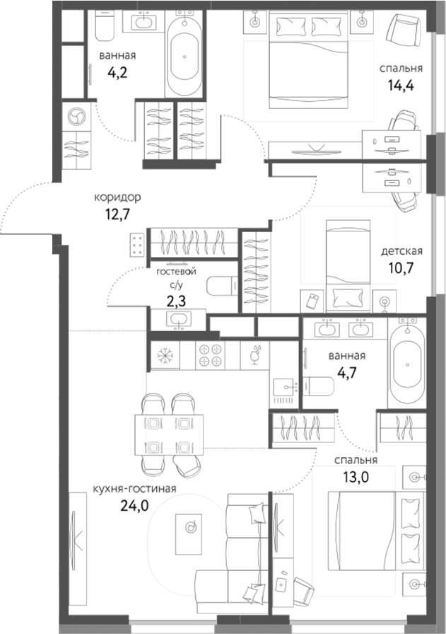 Планировка — Сиреневый парк, 4-комн., 86 м²