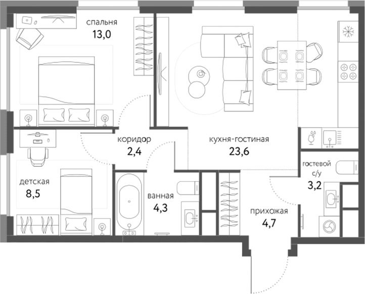 Планировка — Сиреневый парк, 3-комн., 60 м²
