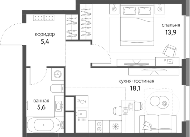 Планировка — Сиреневый парк, 2-комн., 43 м²