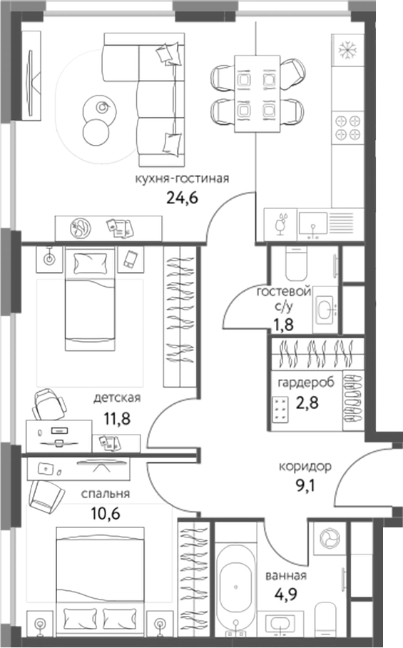 Планировка — Сиреневый парк, 3-комн., 66 м²