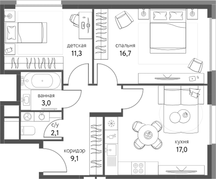 Планировка — Сиреневый парк, 2-комн., 59 м²