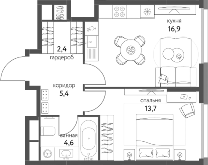 Планировка — Сиреневый парк, 1-комн., 43 м²