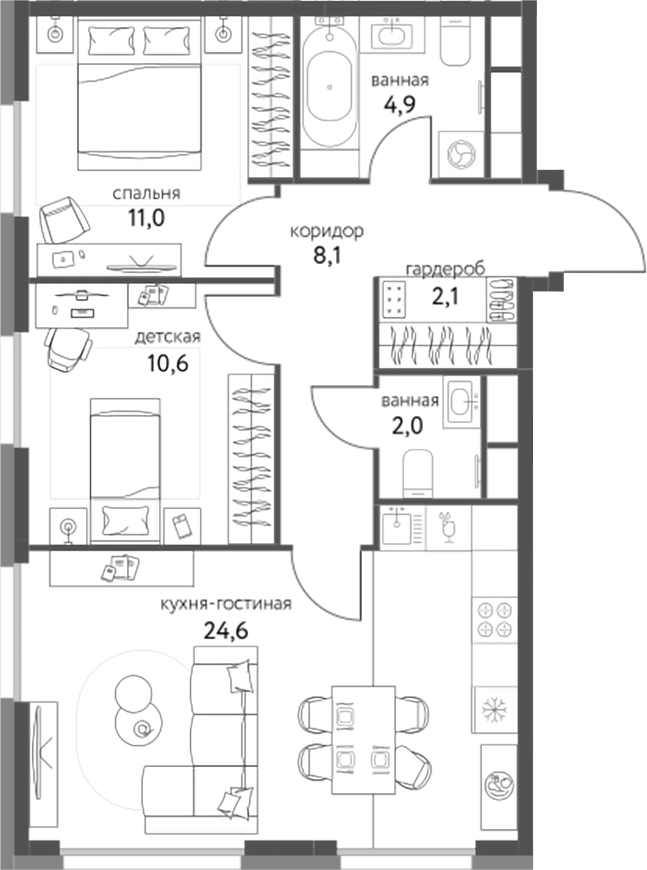 Планировка — Сиреневый парк, 3-комн., 63 м²