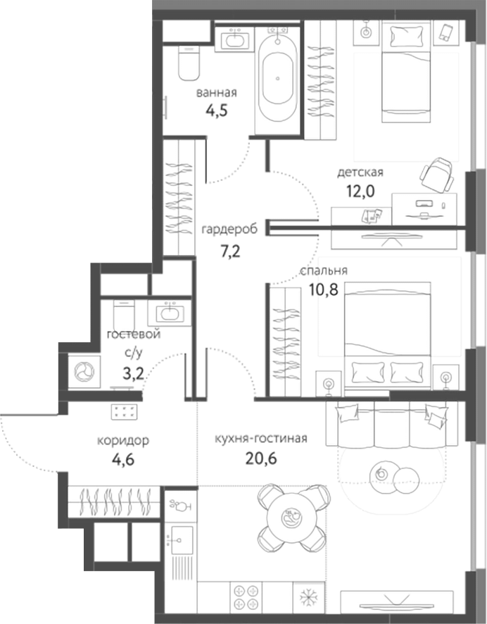 Планировка — Сиреневый парк, 3-комн., 63 м²