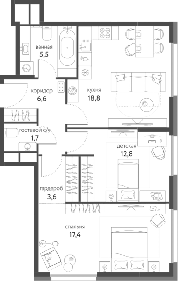 Планировка — Сиреневый парк, 2-комн., 66 м²