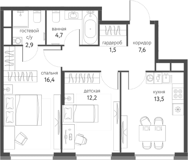 Планировка — Сиреневый парк, 2-комн., 59 м²