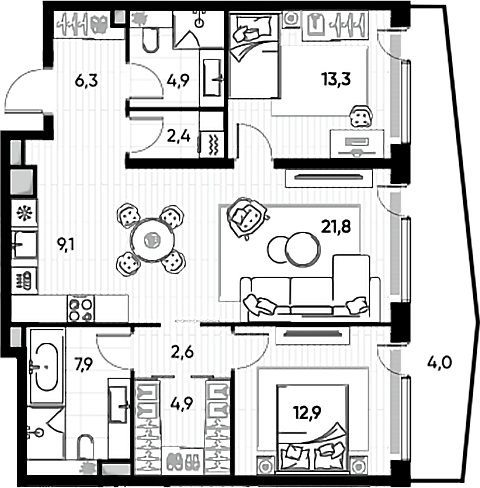 Планировка — ПРАЙД, 3-комн., 83 м²