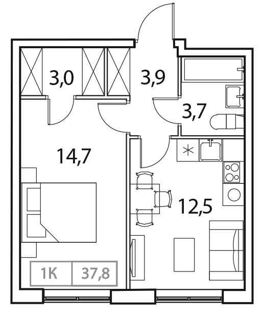 Планировка — Новый Зеленоград, 1-комн., 38 м²