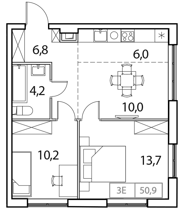 Планировка — Новый Зеленоград, 3-комн., 51 м²