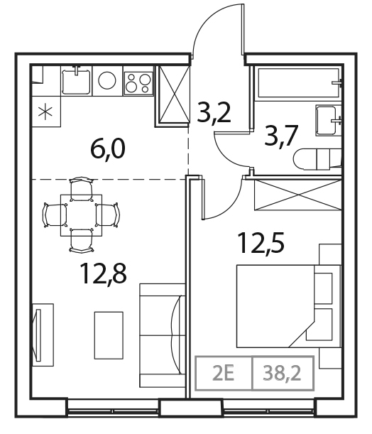 Планировка — Новый Зеленоград, 2-комн., 38 м²