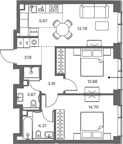Планировка — TATE, 3-комн., 62 м²