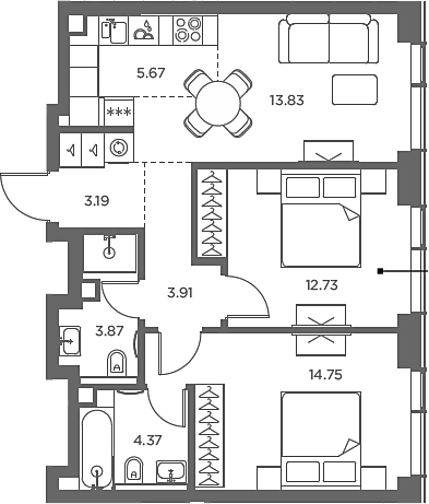 Планировка — TATE, 3-комн., 62 м²