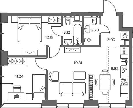 Планировка — TATE, 3-комн., 60 м²