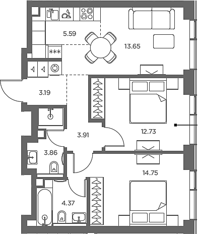 Планировка — TATE, 3-комн., 62 м²