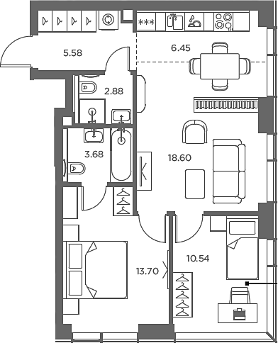 Планировка — TATE, 3-комн., 61 м²