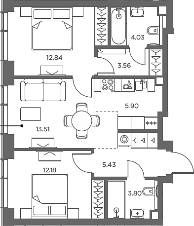 Планировка — TATE, 3-комн., 61 м²