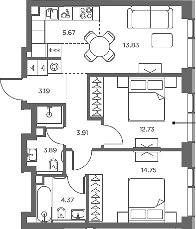 Планировка — TATE, 3-комн., 62 м²