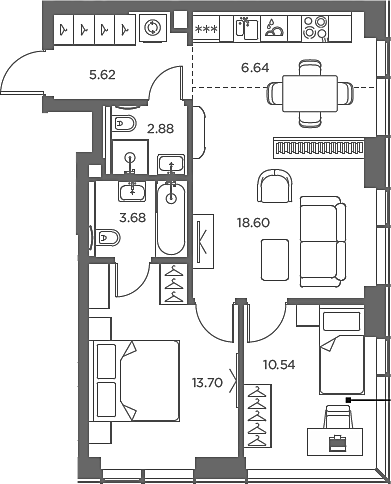 Планировка — TATE, 3-комн., 62 м²