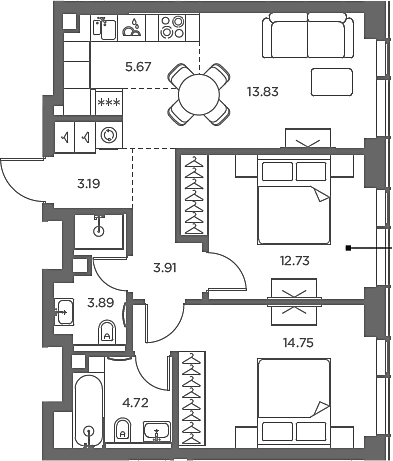 Планировка — TATE, 3-комн., 63 м²