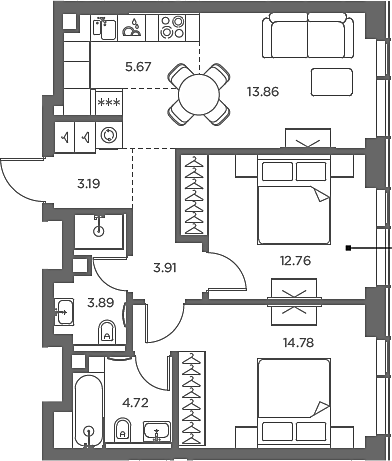 Планировка — TATE, 3-комн., 63 м²