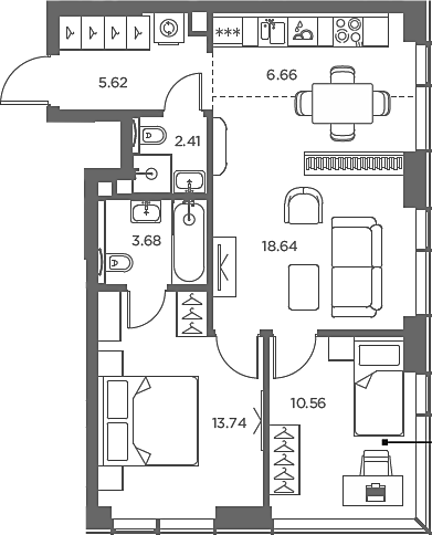 Планировка — TATE, 3-комн., 61 м²