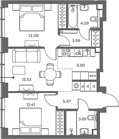Планировка — TATE, 3-комн., 62 м²