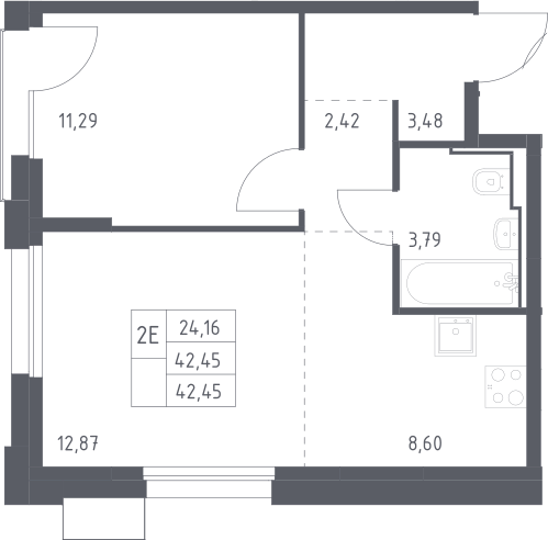 Планировка — Квартал Герцена, 1-комн., 42 м²