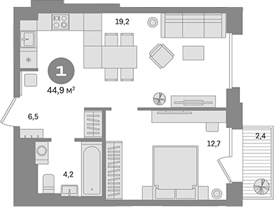 Планировка — Квартал Герцена, 1-комн., 43 м²