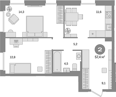 Планировка — Квартал Герцена, 2-комн., 57 м²
