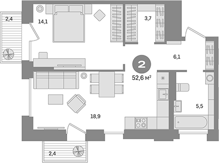 Планировка — Квартал Герцена, 1-комн., 48 м²