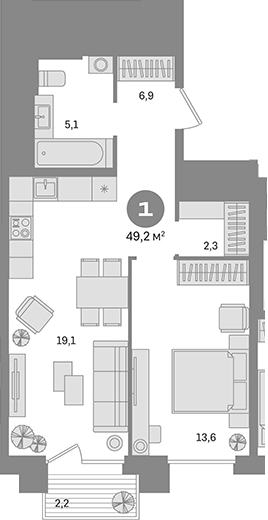 Планировка — Квартал Герцена, 1-комн., 47 м²